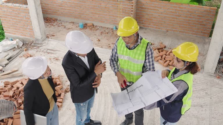 General contractor meeting with Florida homeowners and reviewing renovation plans at the dining table